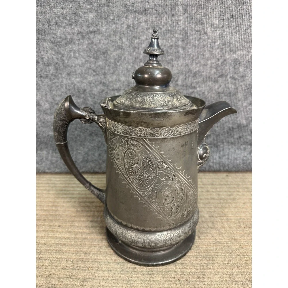 Antique Victorian Silver Plate Engraved Coffee Pot Ornate Floral Scroll Teapot